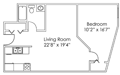 Floor plan for studio, 1 bath, 590 sqft